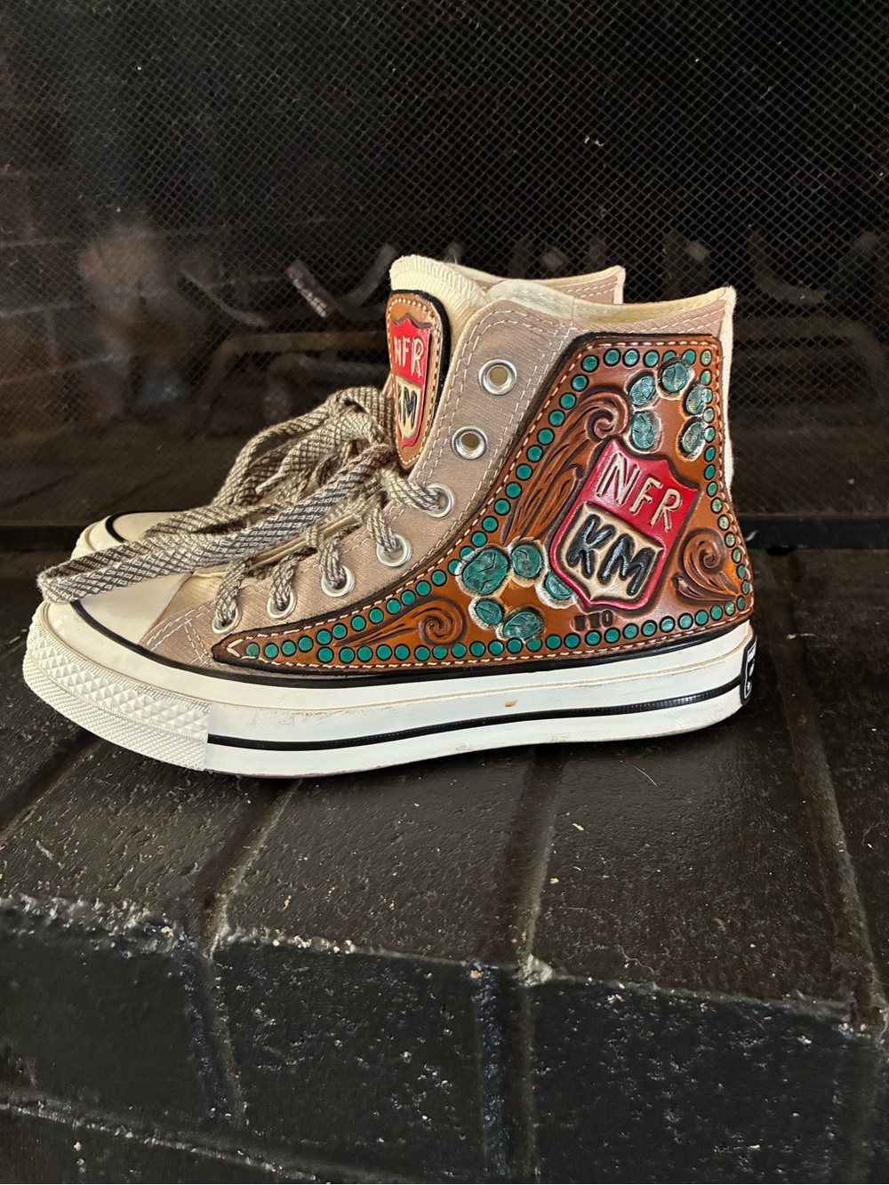 Custom Embellished High-Top Sneakers in Tan with Turquoise Accents